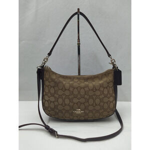 Coach Signature Brown Canvas Leather Trim Zipper Closure Crossbody Bag